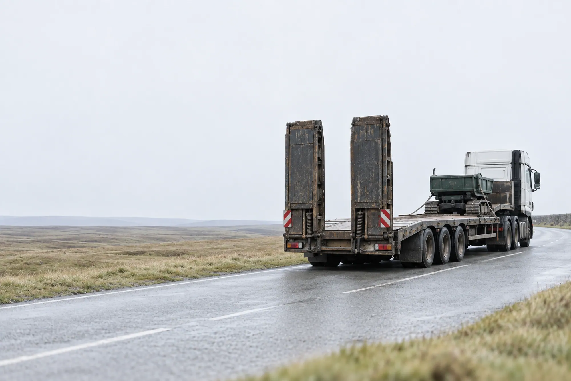 A white tractor unit and low loader heading away along a quiet Yorkshire A-road under an overcast sky, the rear of the deck empty and ready for a load.