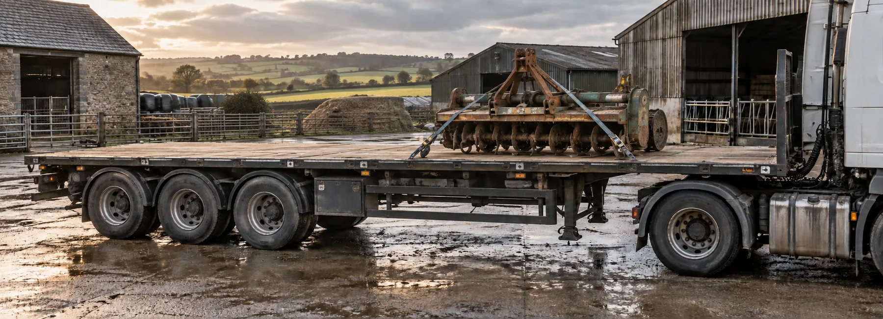 A flatbed trailer in a wet farmyard at dusk, a power harrow strapped at the front and most of the timber deck empty.